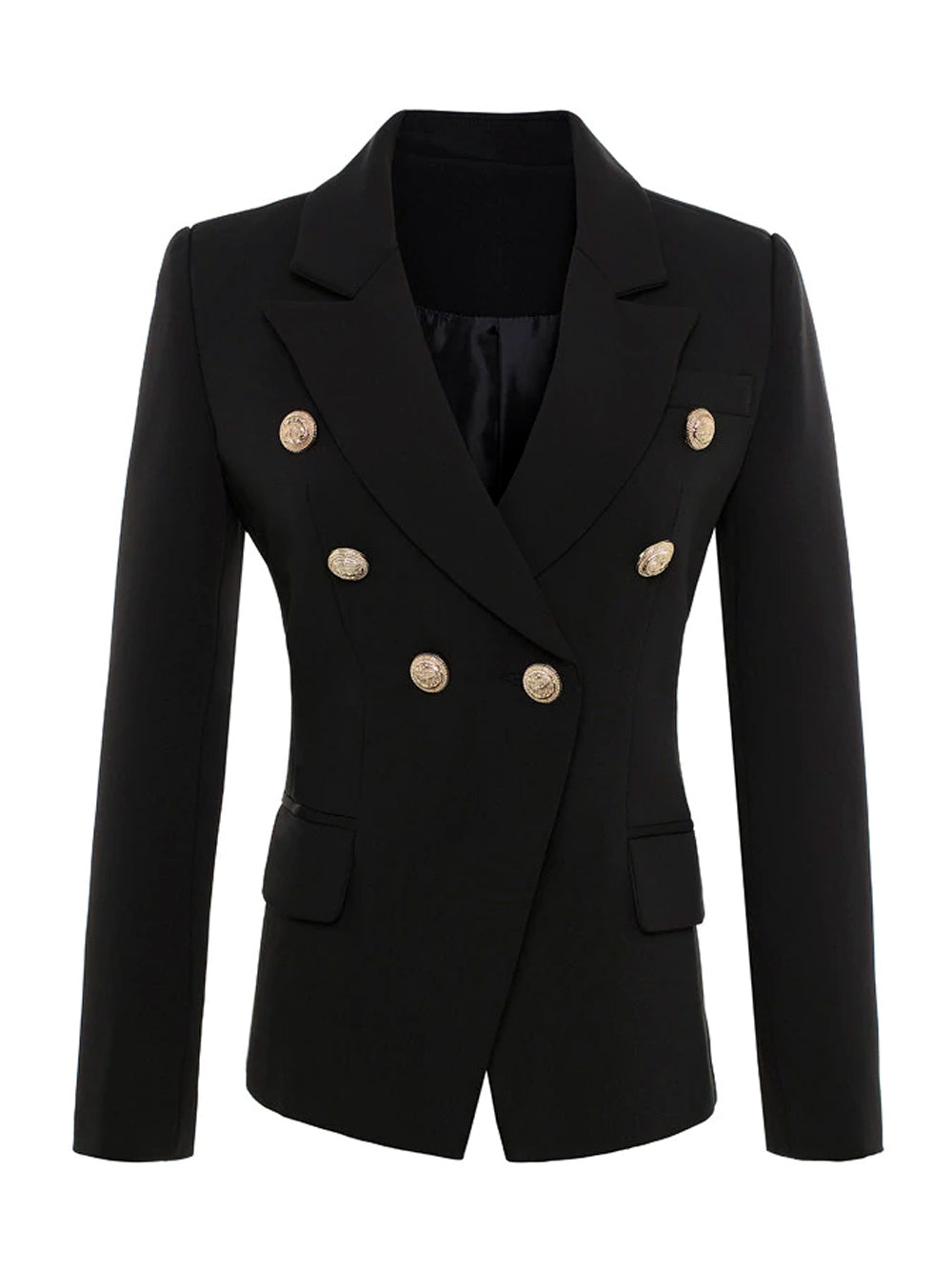Black Peak Lapel Gold Button Double-Breasted Fitted Blazer 4