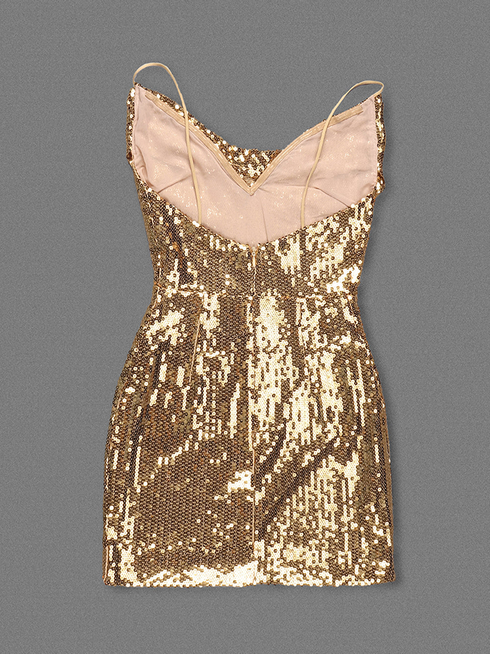 Gold Cowl Neck Spaghetti Strap Draped Sequin Bodycon Mini Dress