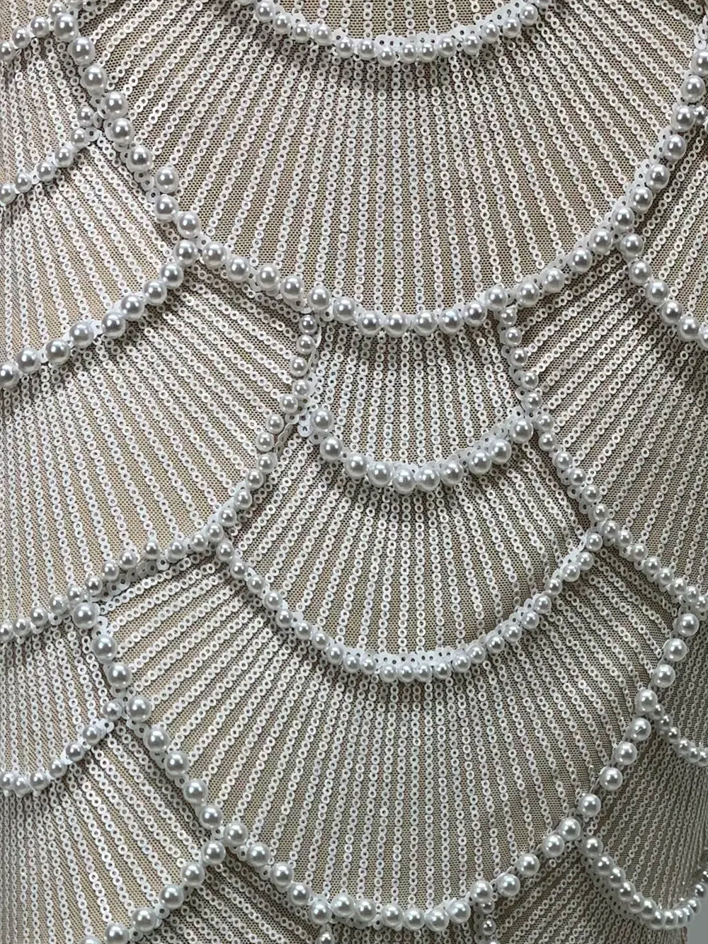 White Sweetheart Neck Pearl Beaded Cutout Bodycon Midi Dress 10