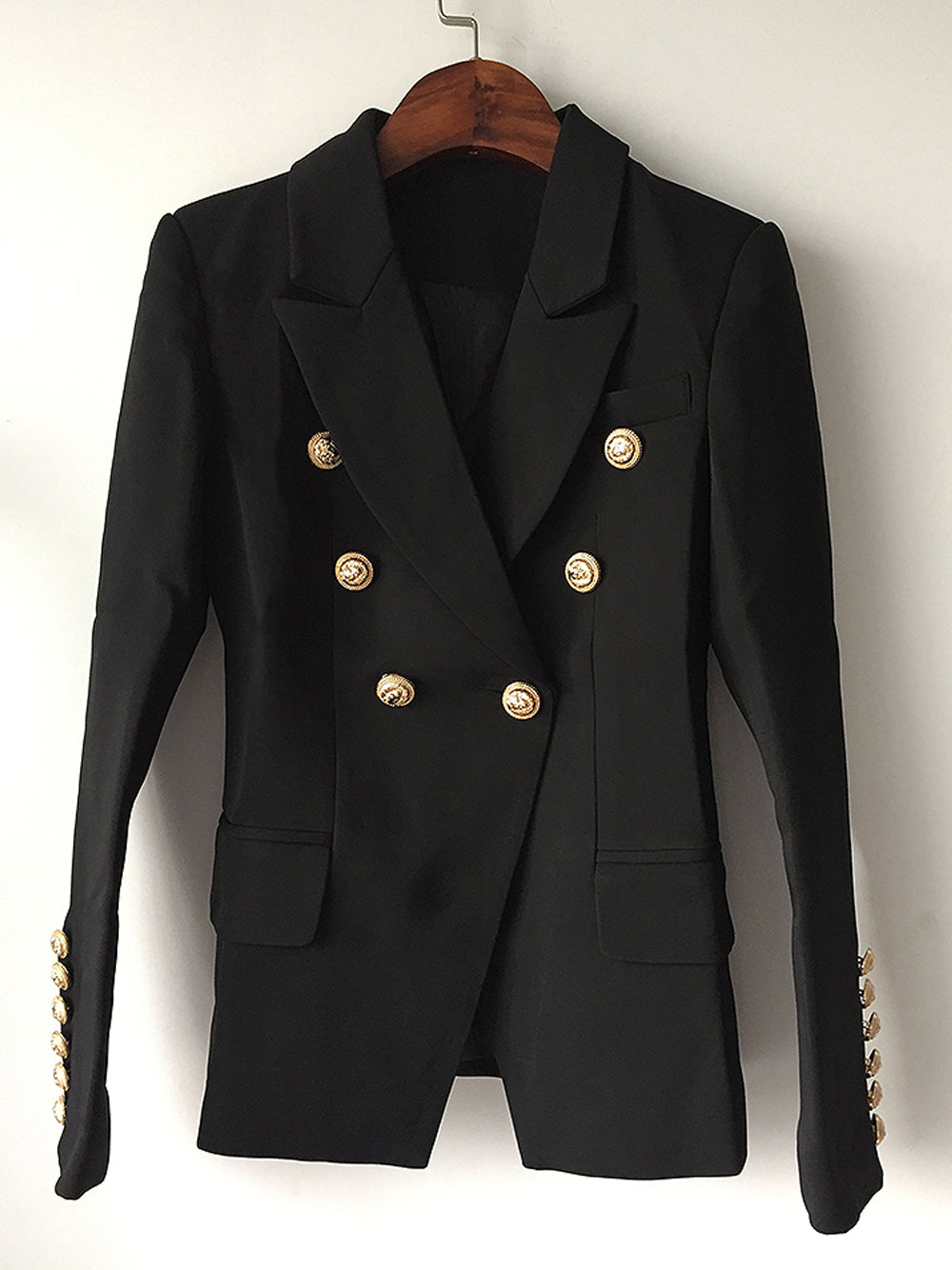 Black Peak Lapel Gold Button Double-Breasted Fitted Blazer 15