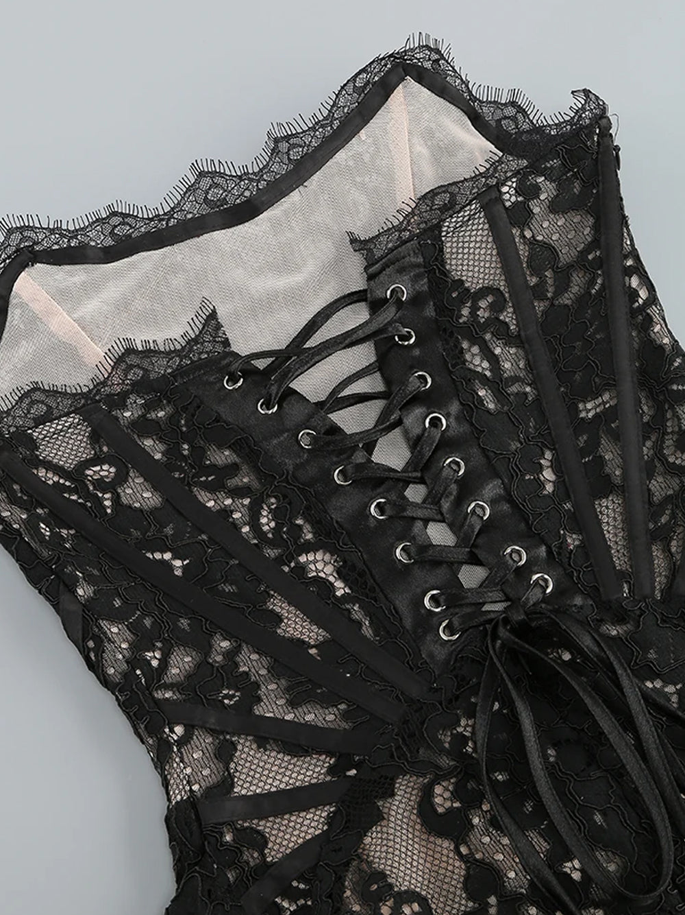 Black Strapless Eyelash Lace Corset Ruched Bodycon Mini Dress 16