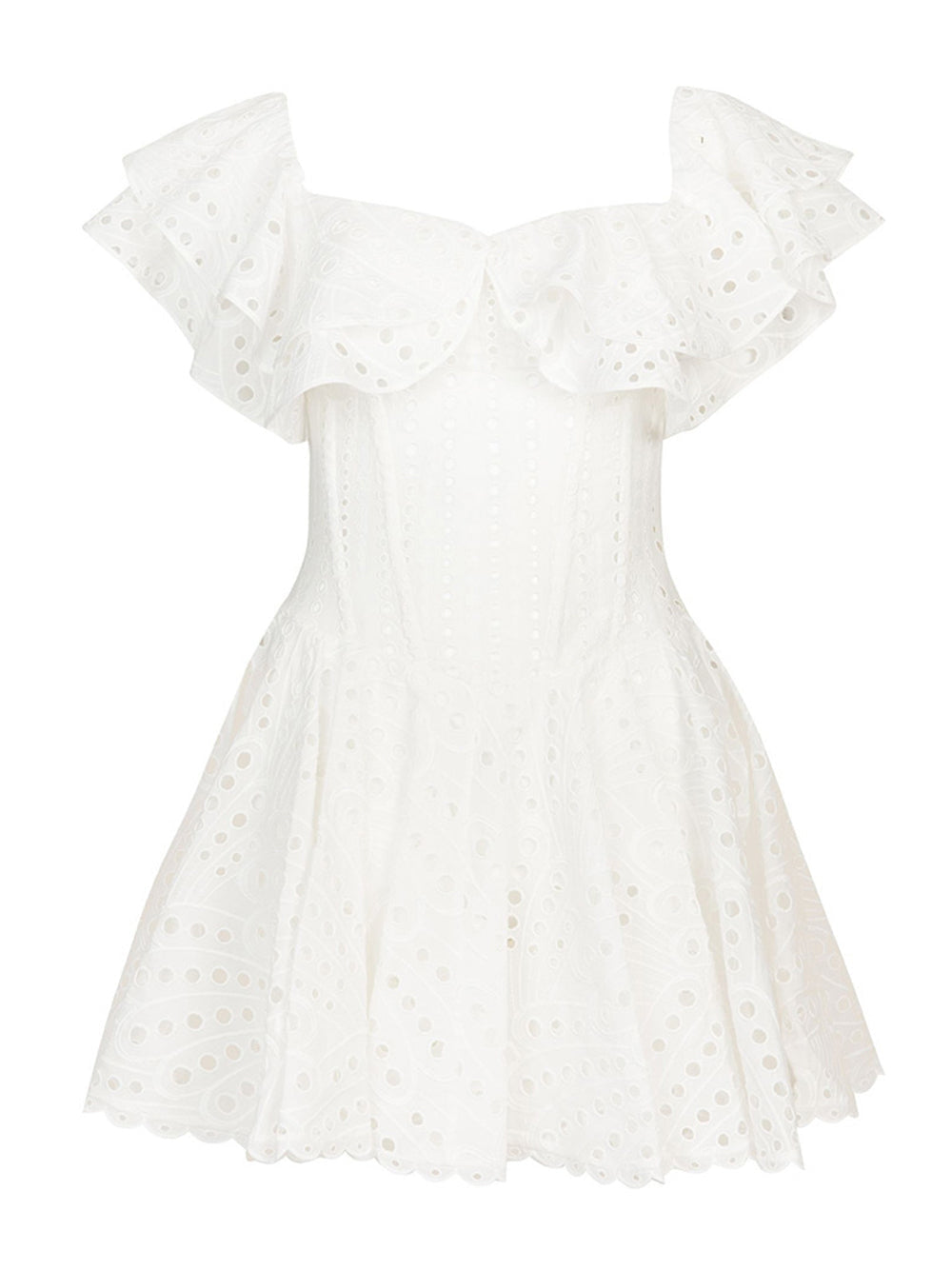 Off-Shoulder Ruffle Eyelet Embroidered Scallop Hem Flared Mini Dress 13