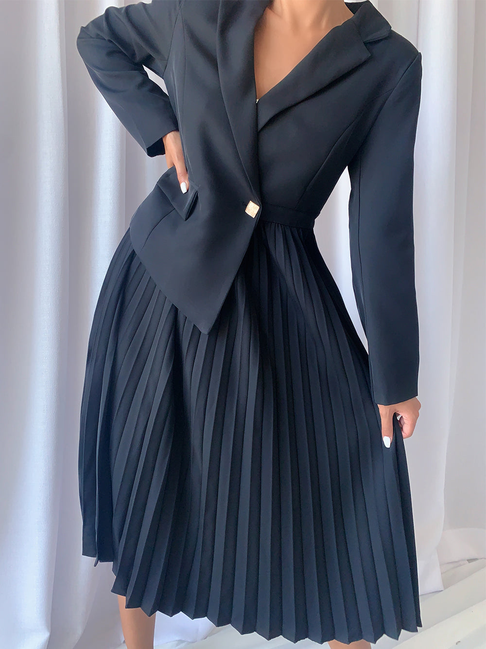 Lapel Collar Long Sleeve Belted Blazer Pleated A-Line Midi Dress 8