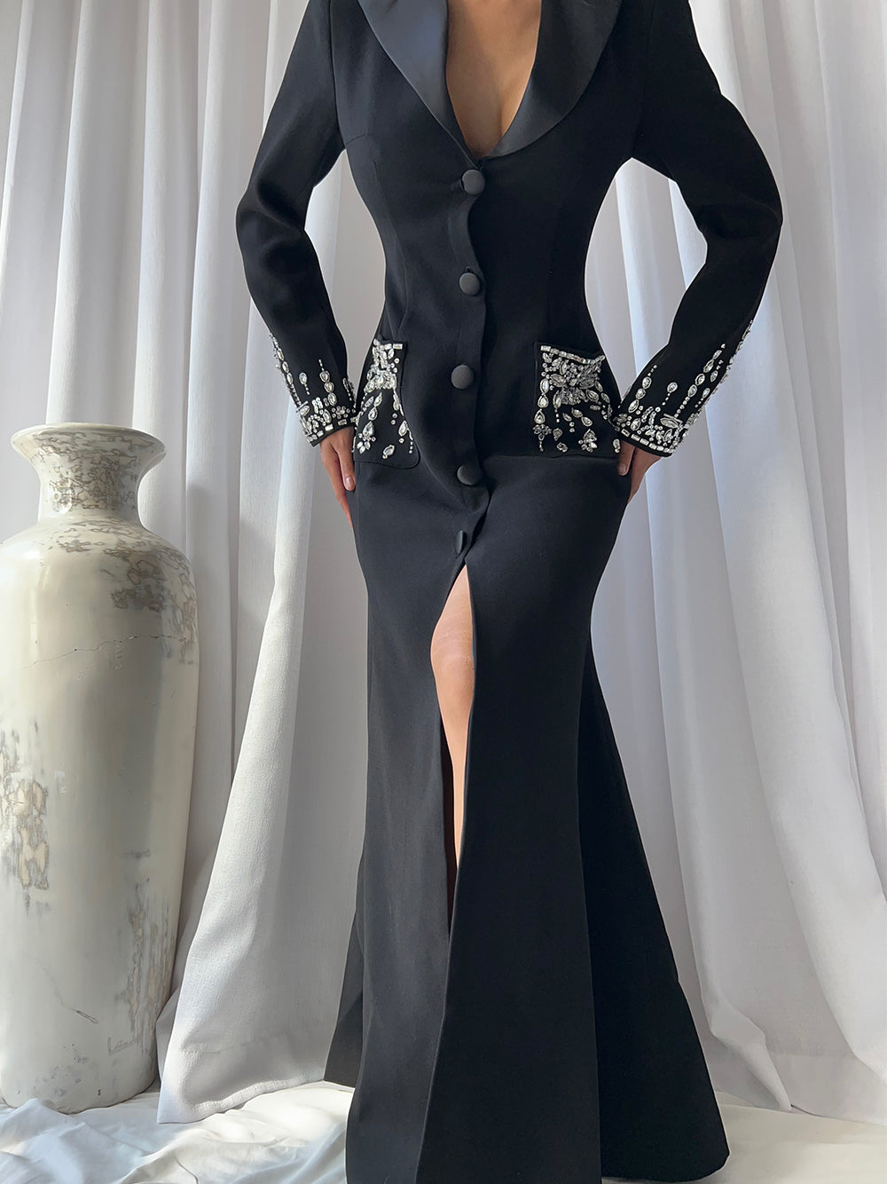 Black Notch Lapel Crystal Pocket Long Sleeve High Slit Blazer Maxi Dress 8