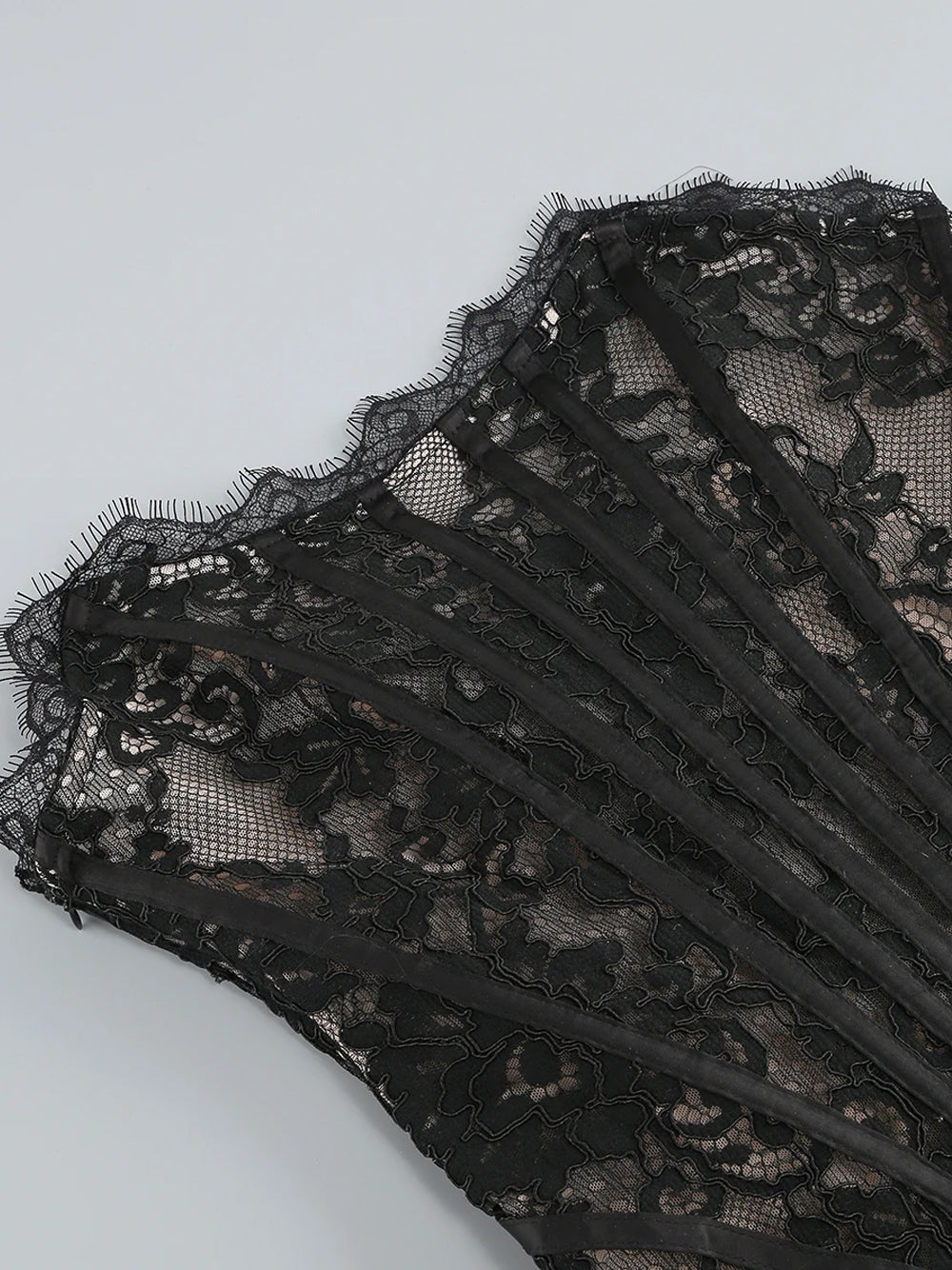 Black Strapless Eyelash Lace Corset Ruched Bodycon Mini Dress 15