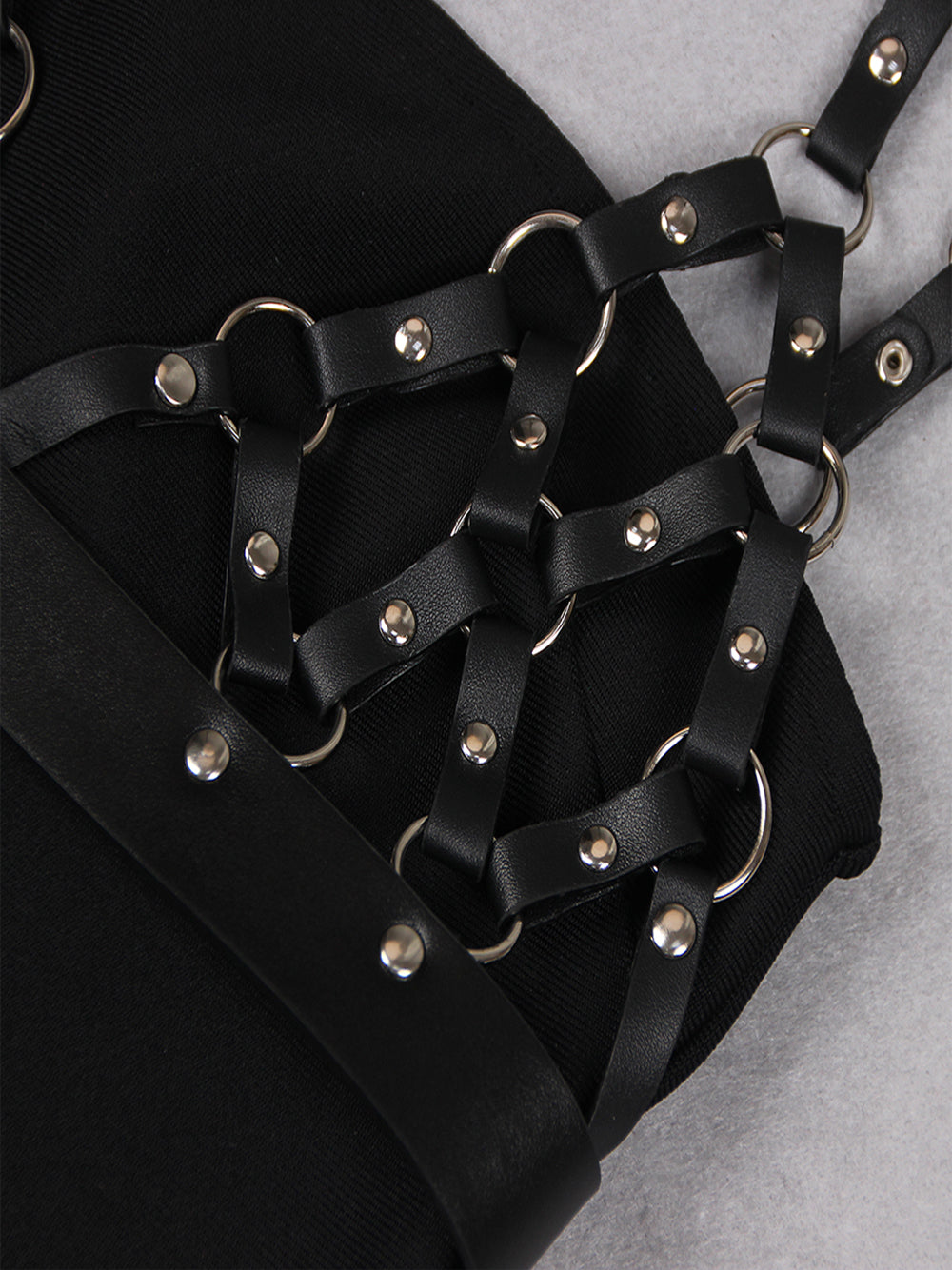Black Strappy Harness Caged Studded High Slit Bodycon Maxi Dress 17