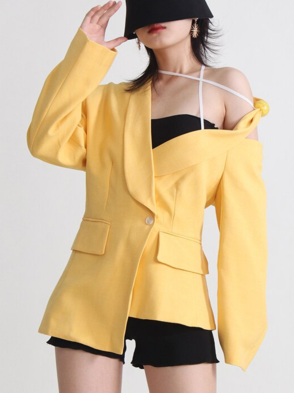 Yellow Asymmetric One-Shoulder Halter Strap Tailored Blazer 3