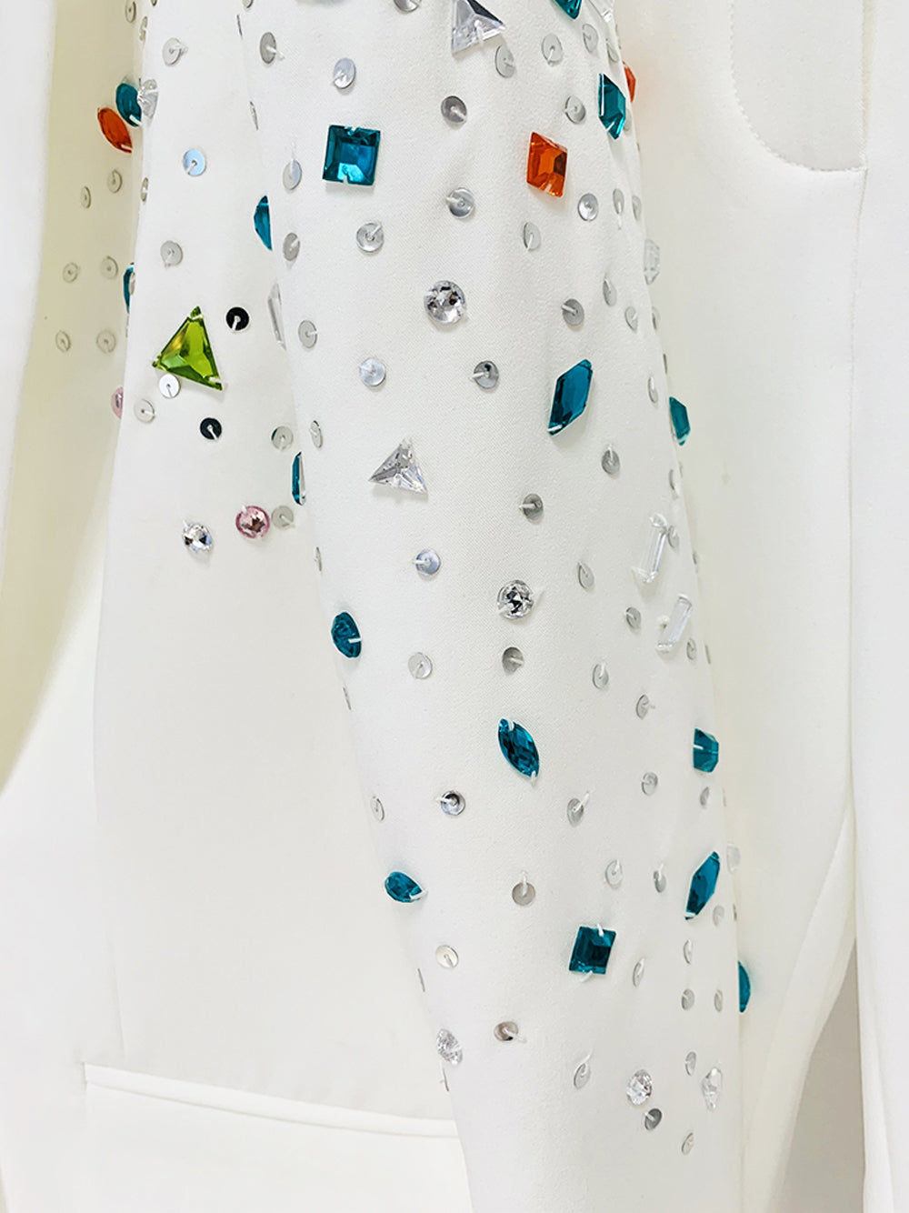 White Peak Lapel Crystal Embellished Blazer Flared Pants Set 12