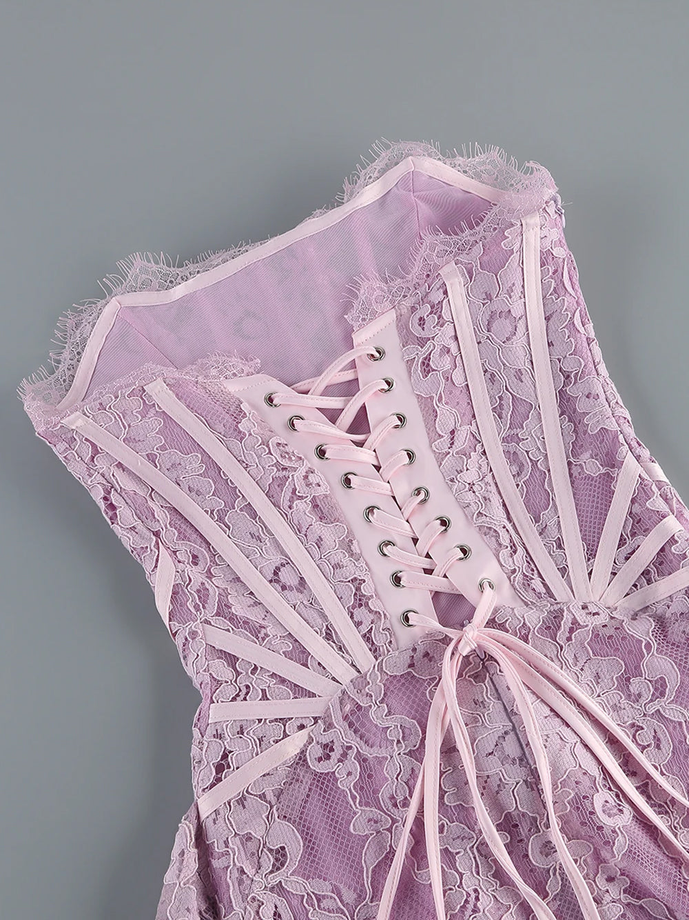 Lavender Strapless Eyelash Lace Corset Ruched Bodycon Mini Dress 3