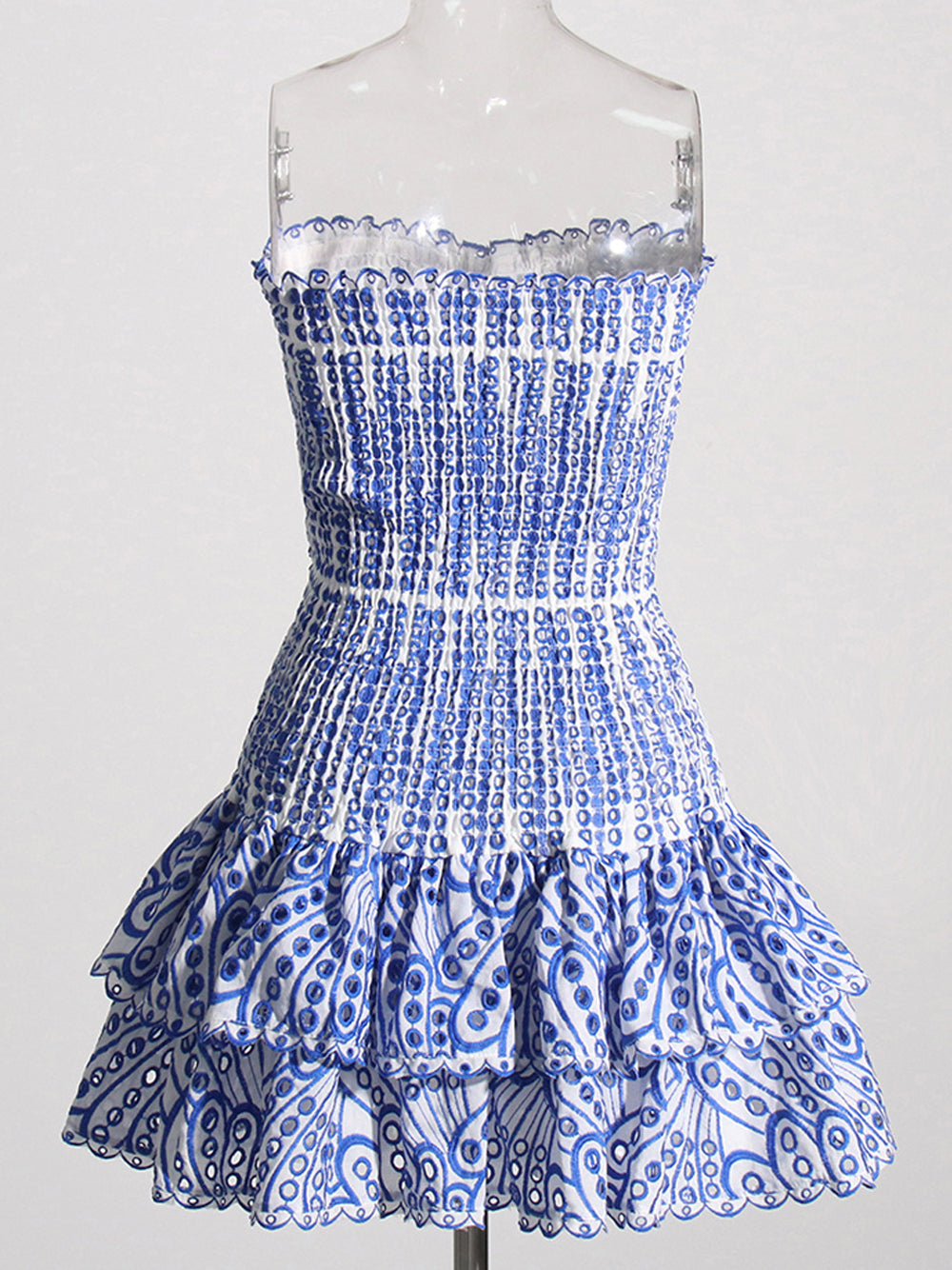 Strapless Shirred Bodice Eyelet Tiered Ruffle Bodycon Mini Dress 11