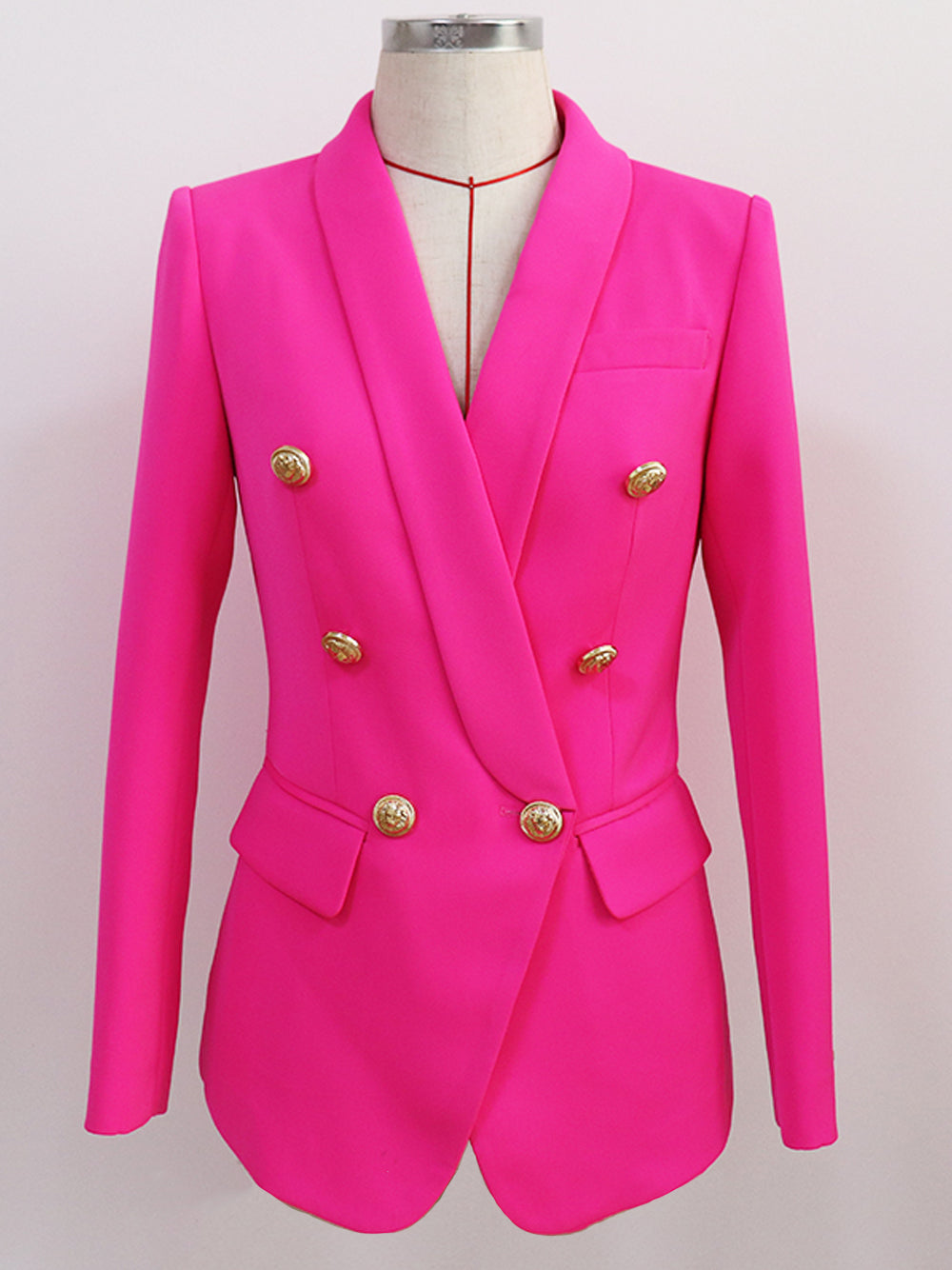 Fuchsia Shawl Lapel Gold Button Double Breasted Fitted Blazer