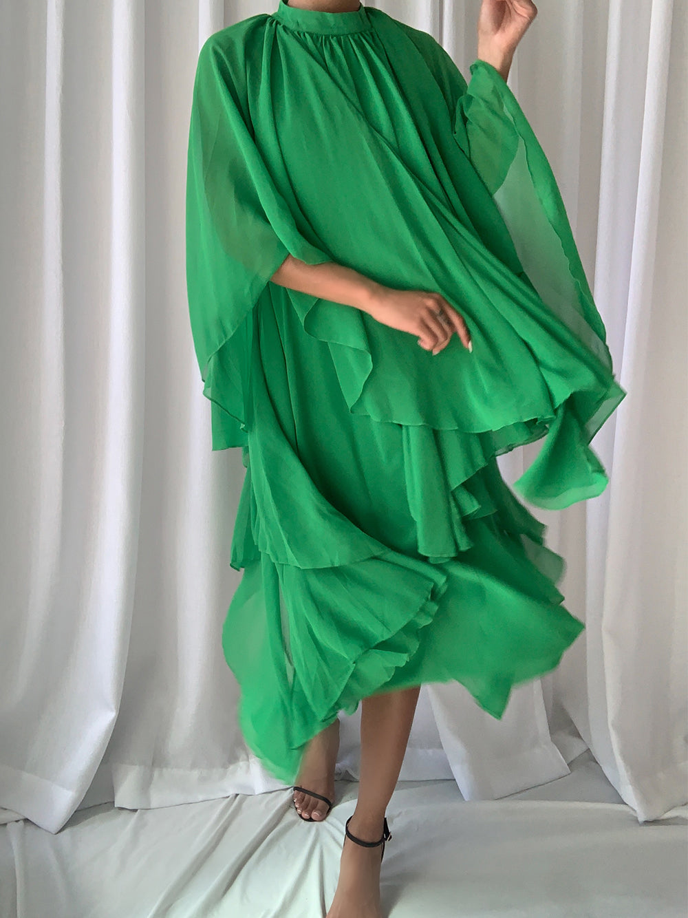 Green Mock Neck Cape Sleeve Tiered Ruffle Chiffon Maxi Dress