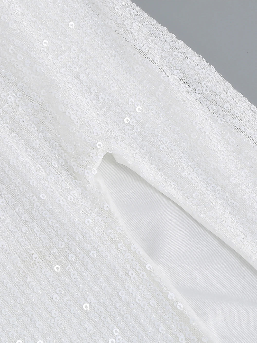 White Strapless Feather Trim Sequin High Slit Bodycon Maxi Dress 11