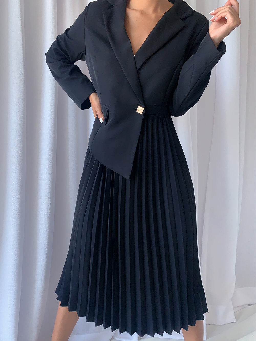 Lapel Collar Long Sleeve Belted Blazer Pleated A-Line Midi Dress 10