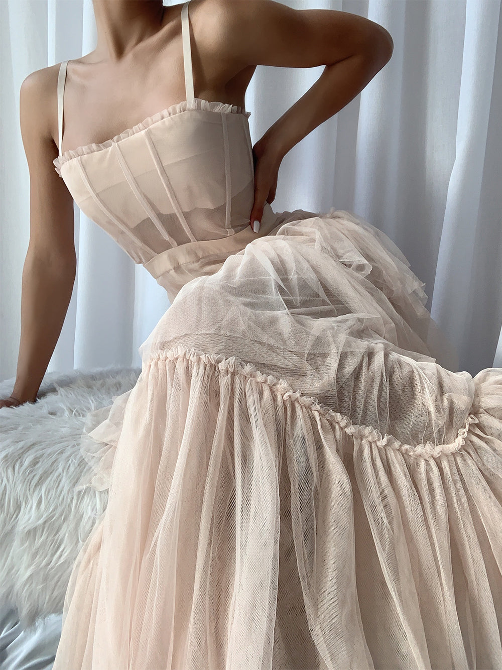 Beige Strap Corset Bustier Tiered Ruffle Tulle Maxi Gown 4