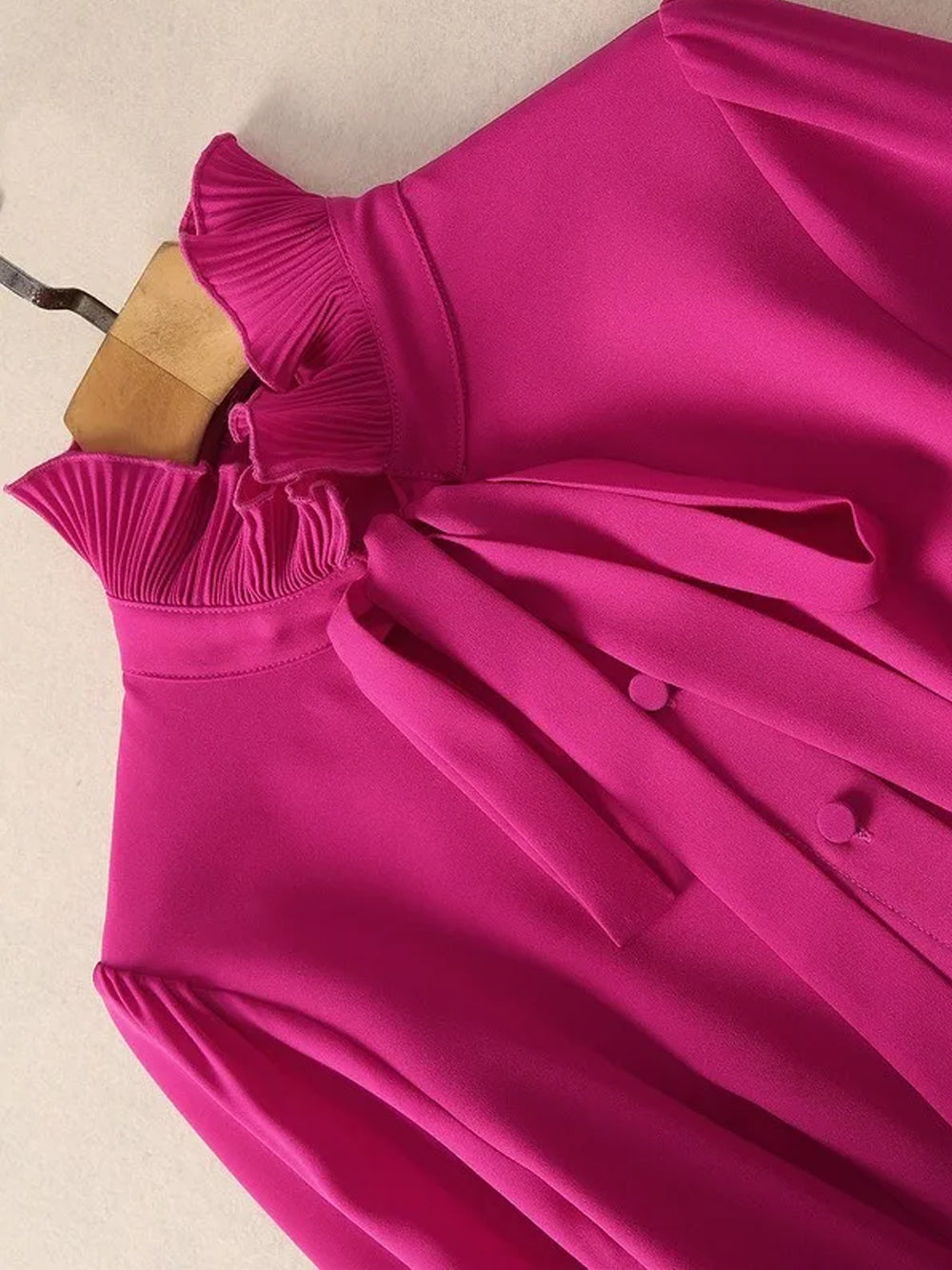 Fuchsia Tie Neck Bow Ruffle Sleeve Pleated A-Line Maxi Dress 10