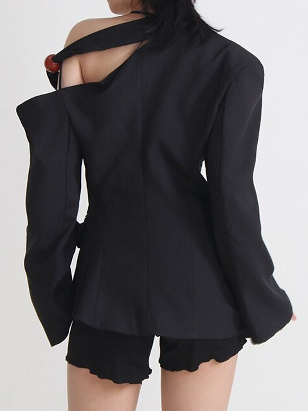 Black Asymmetric Cold Shoulder Halter Strap Tailored Blazer