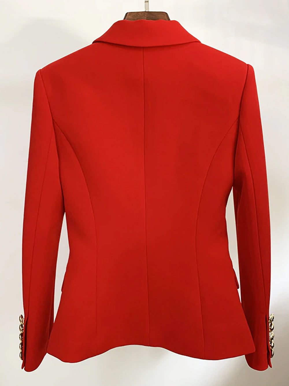 Red Peaked Lapel Gold Button Double-Breasted Blazer 13