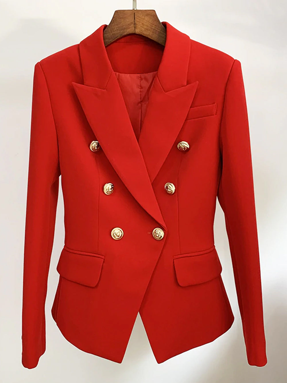 Red Peaked Lapel Gold Button Double-Breasted Blazer 12