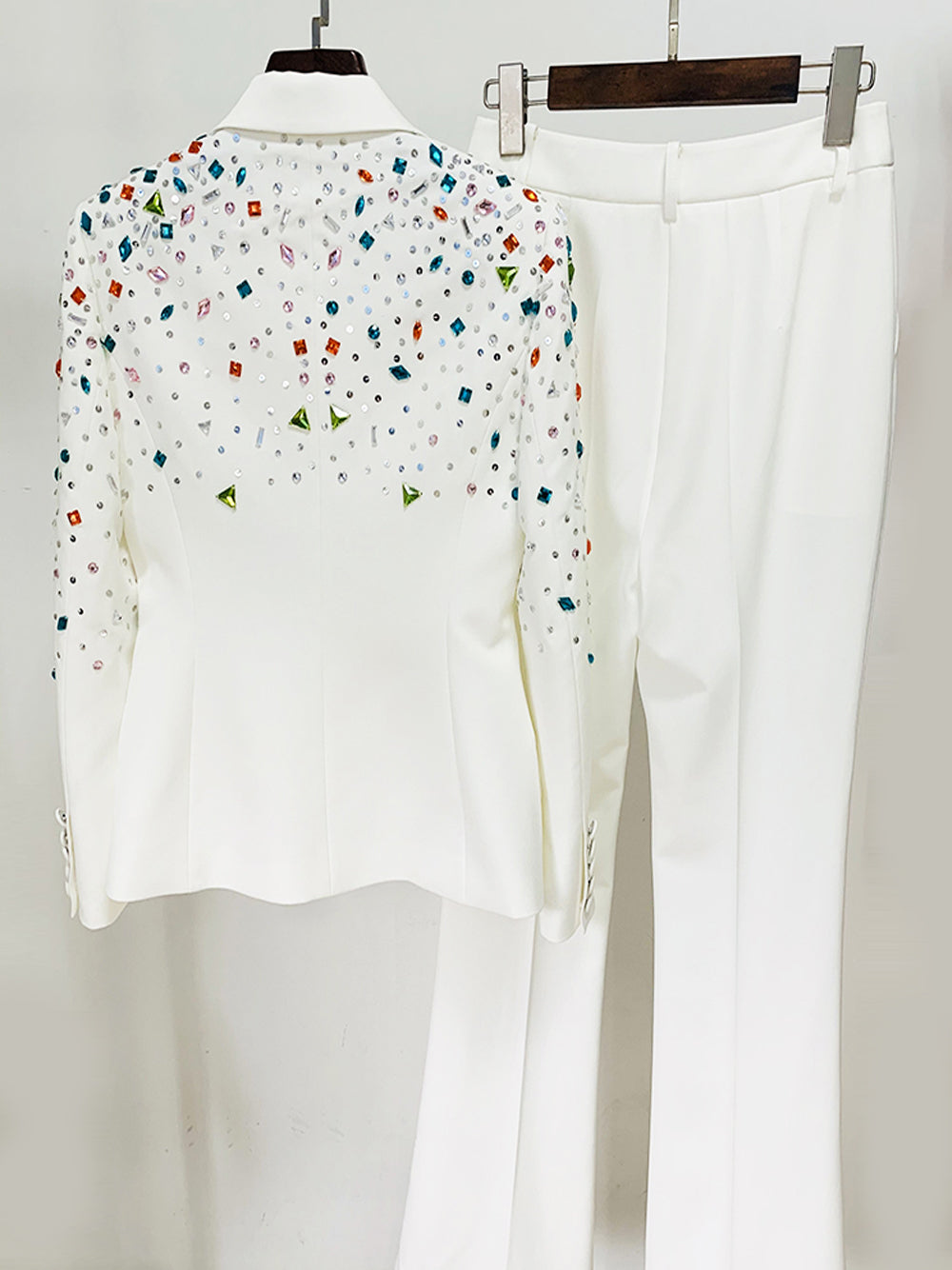 White Peak Lapel Crystal Embellished Blazer Flared Pants Set 8