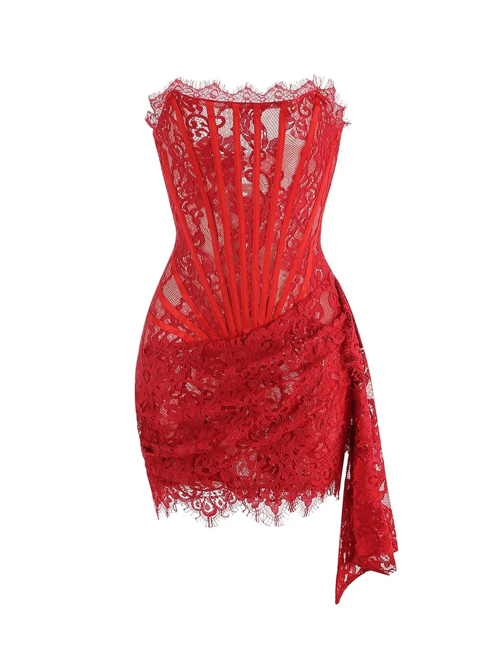 Red Strapless Eyelash Lace Corset Ruched Bodycon Mini Dress 5