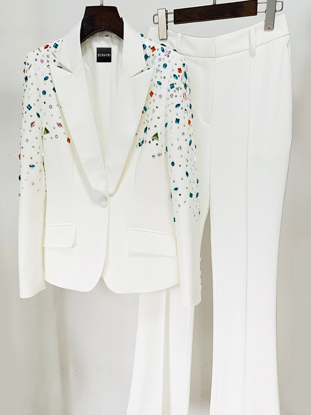 White Peak Lapel Crystal Embellished Blazer Flared Pants Set 7