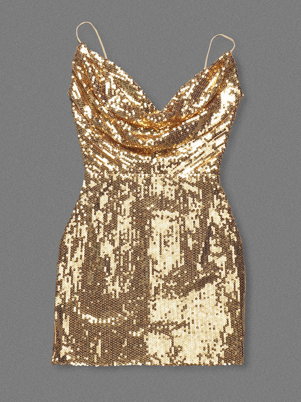 Gold Cowl Neck Spaghetti Strap Draped Sequin Bodycon Mini Dress