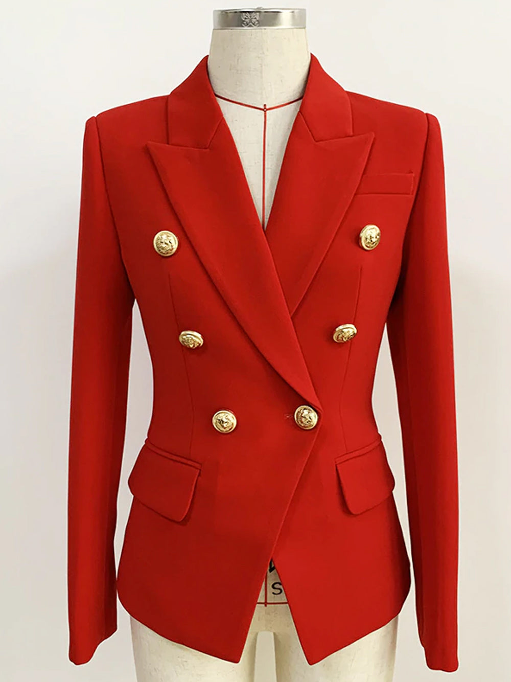 Red Peaked Lapel Gold Button Double-Breasted Blazer 9