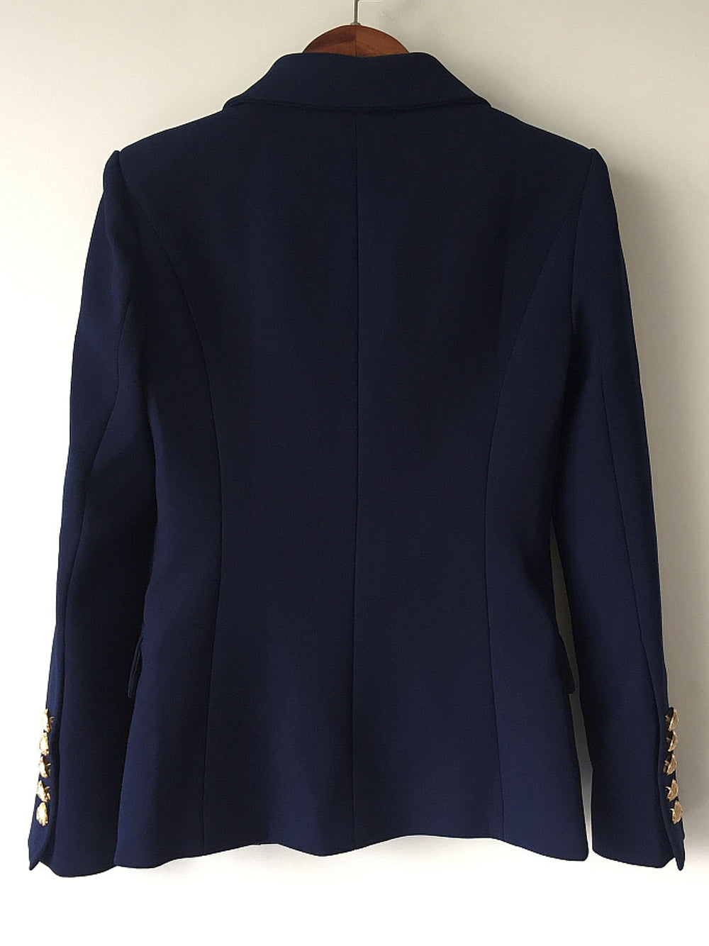 Dark Blue Peaked Lapel Gold Button Double-Breasted Fitted Blazer 15