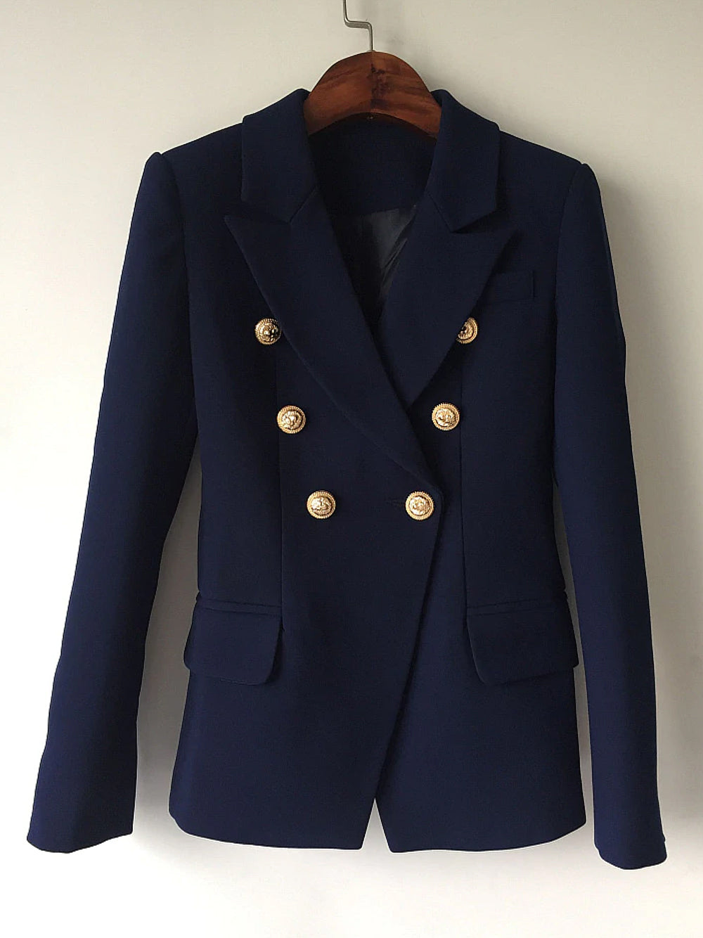 Dark Blue Peaked Lapel Gold Button Double-Breasted Fitted Blazer 14