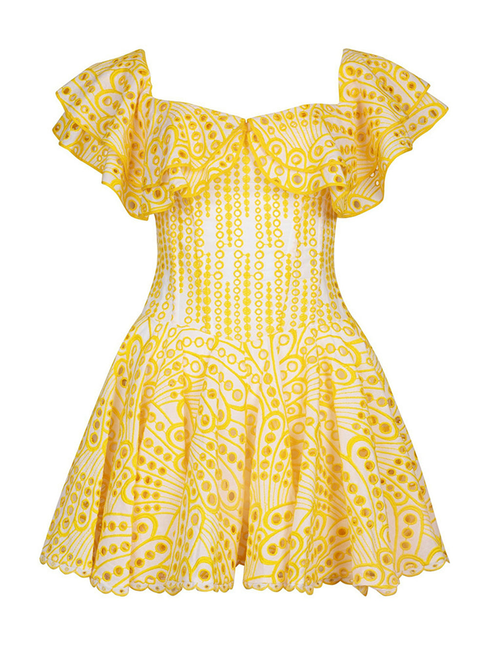Off-Shoulder Ruffle Eyelet Embroidered Scallop Hem Flared Mini Dress 12