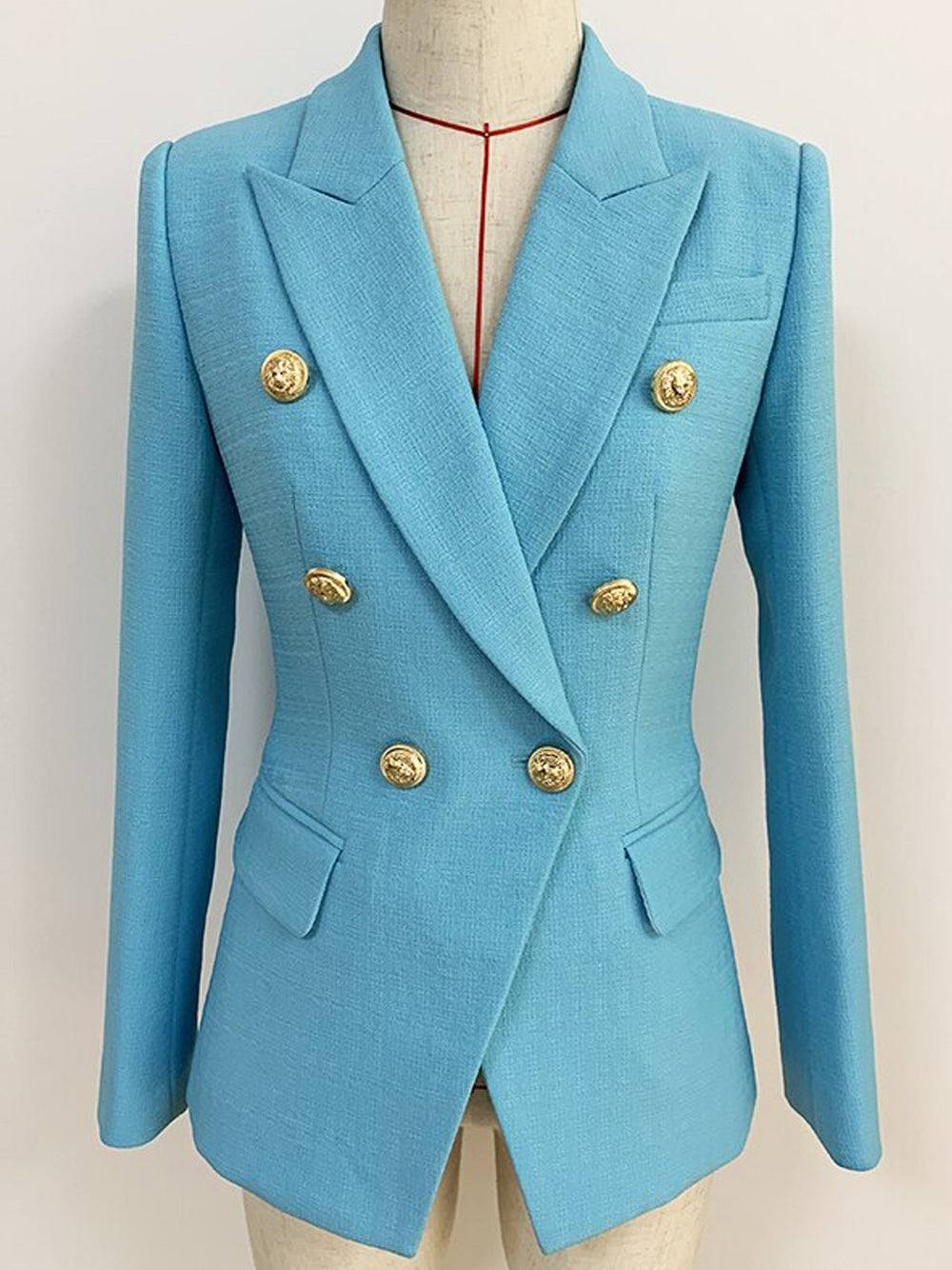Blue Peak Lapel Gold Button Double-Breasted Tailored Blazer