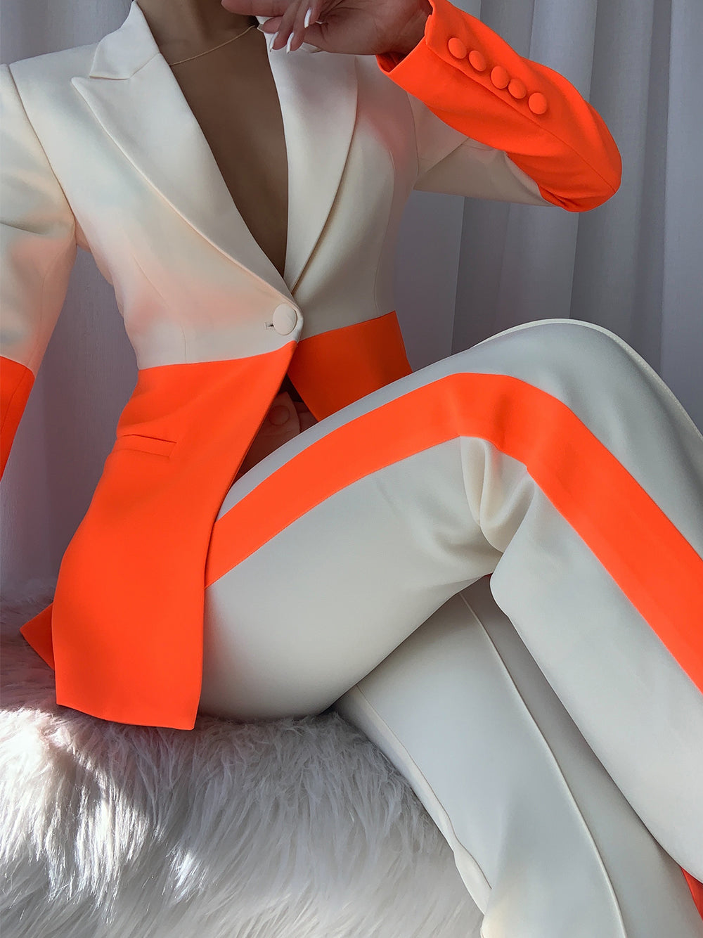Orange Notch Lapel Color Block Blazer And Flare Pants Set 2