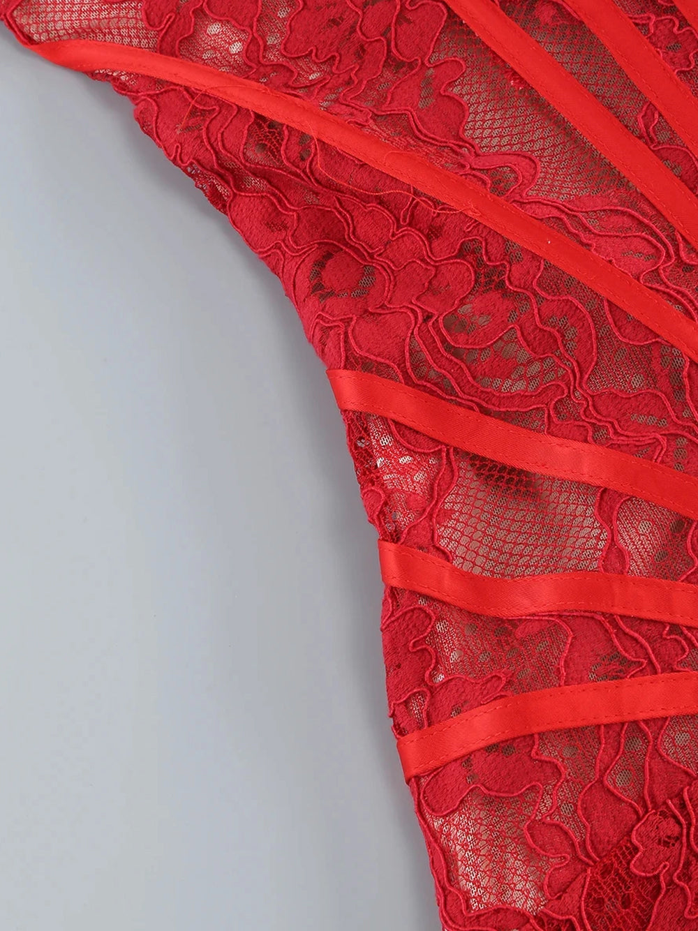 Red Strapless Eyelash Lace Corset Ruched Bodycon Mini Dress 16