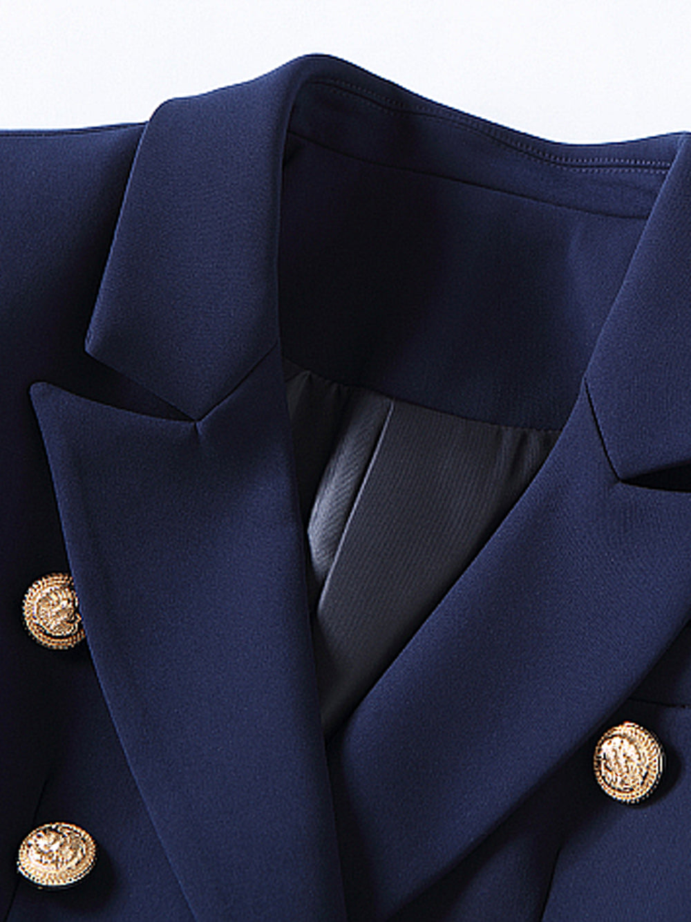 Dark Blue Peaked Lapel Gold Button Double-Breasted Fitted Blazer 11