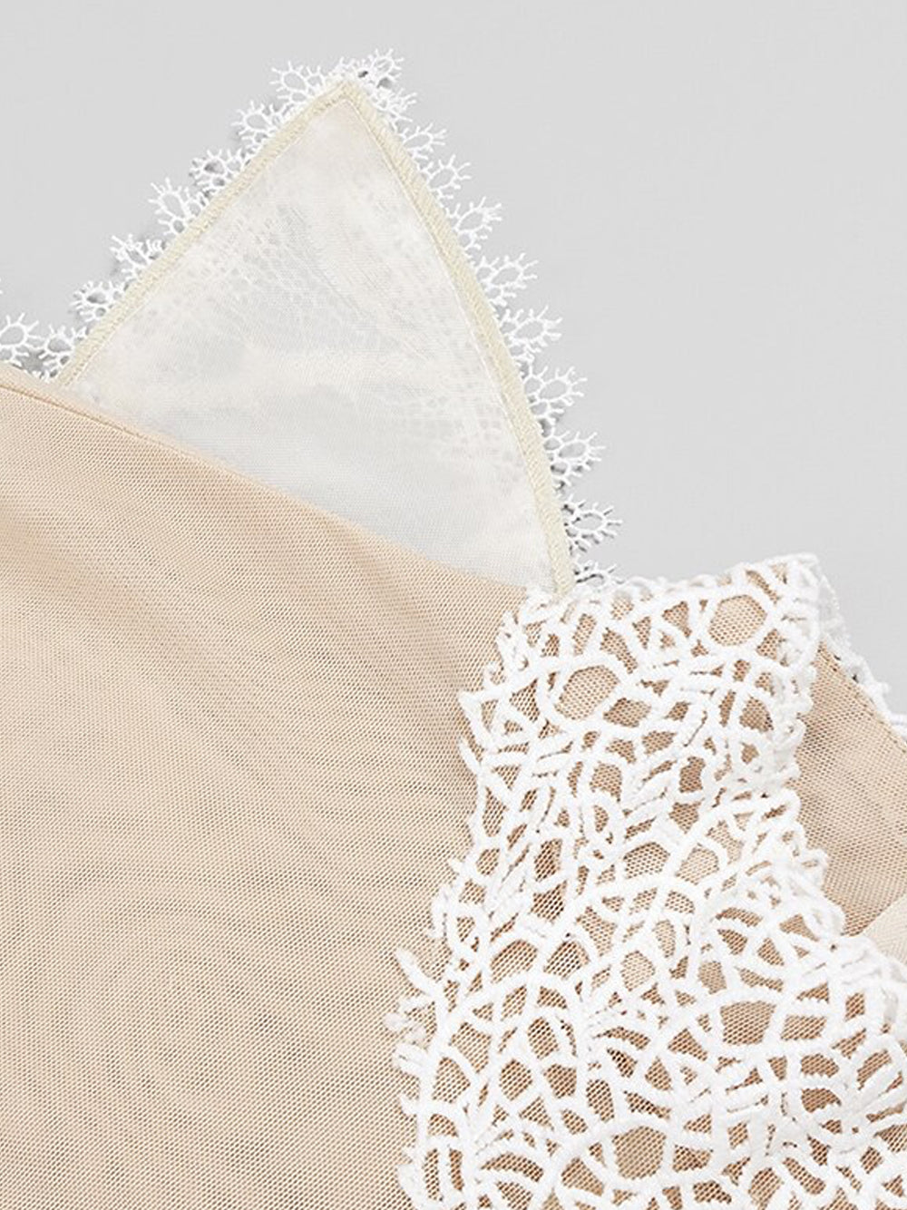 Beige High Neck Floral Lace Ruffle Illusion Mesh Mini Dress