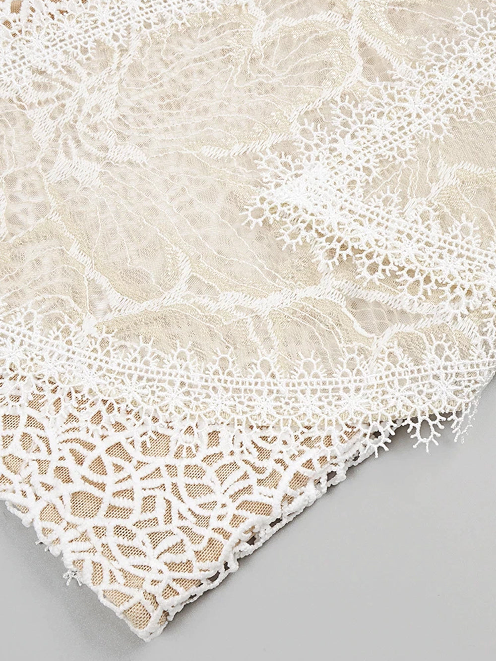 Beige High Neck Floral Lace Ruffle Illusion Mesh Mini Dress