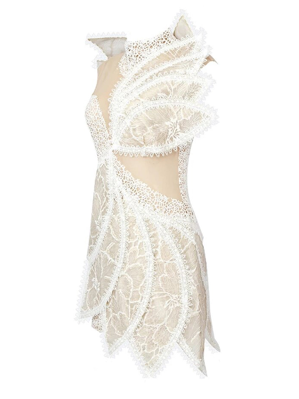 Beige High Neck Floral Lace Ruffle Illusion Mesh Mini Dress