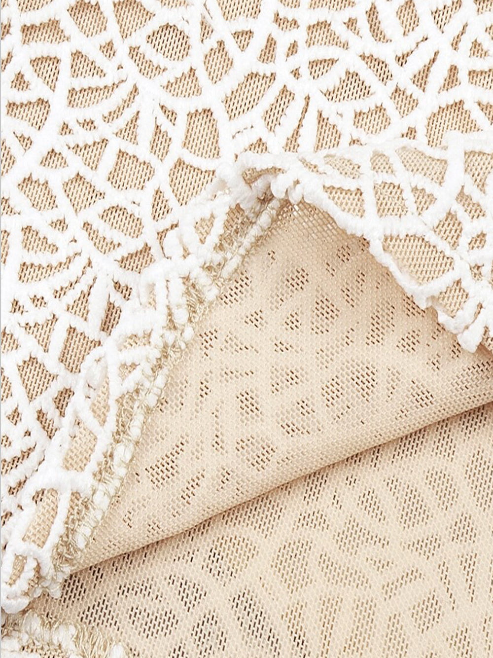 Beige High Neck Floral Lace Ruffle Illusion Mesh Mini Dress