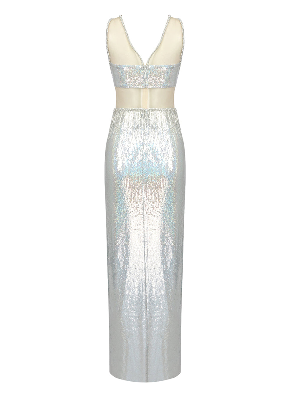 Silver Strappy Rhinestone Fringe Cutout Sequin High Slit Maxi Gown 2