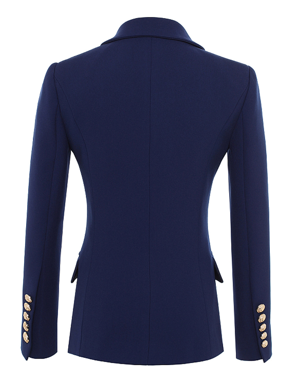 Dark Blue Peaked Lapel Gold Button Double-Breasted Fitted Blazer 5