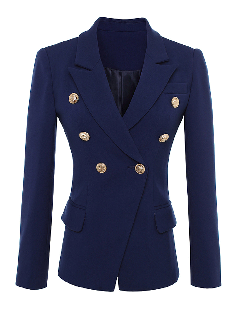 Dark Blue Peaked Lapel Gold Button Double-Breasted Fitted Blazer 4