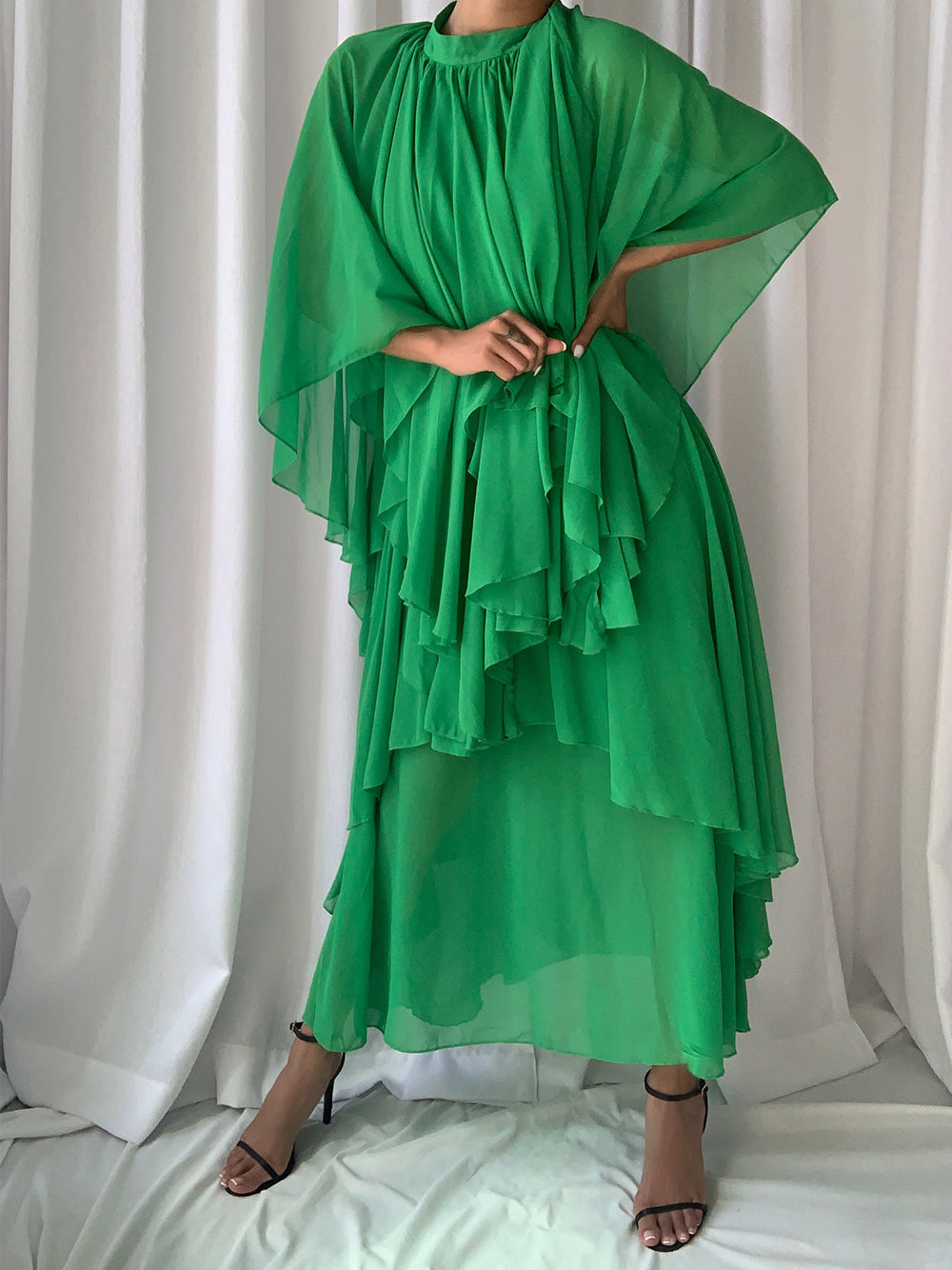 Green Mock Neck Cape Sleeve Tiered Ruffle Chiffon Maxi Dress