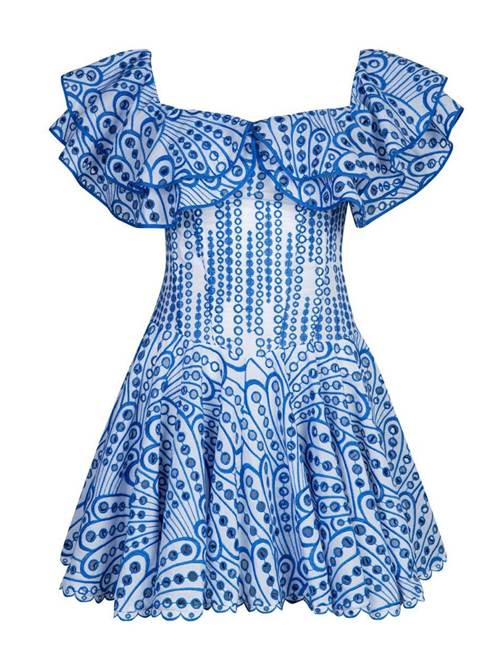Off-Shoulder Ruffle Eyelet Embroidered Scallop Hem Flared Mini Dress 6