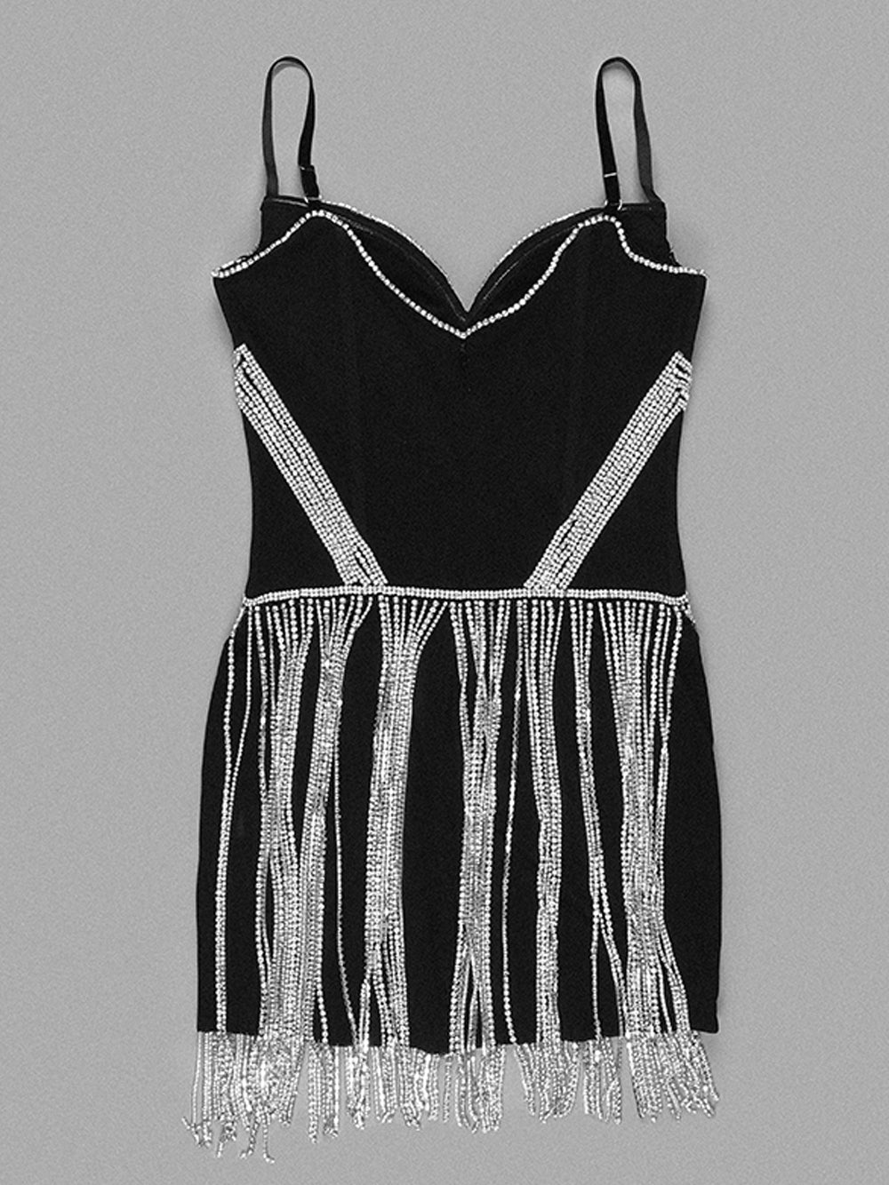 Black Spaghetti Strap Rhinestone Bustier Mesh Chain Fringe Bodycon Mini Dress 4
