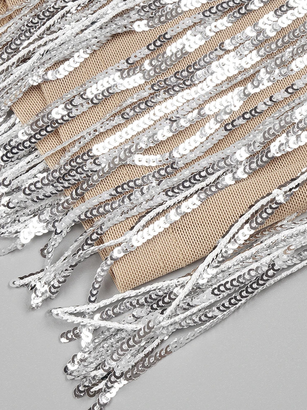 Silver Halter Neck Rhinestone Cutout Waist Sequin Tassel Fringe Bodycon Maxi Dress 6