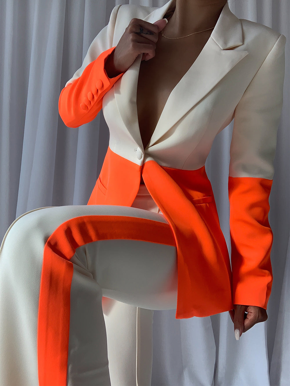 Orange Notch Lapel Color Block Blazer And Flare Pants Set 4