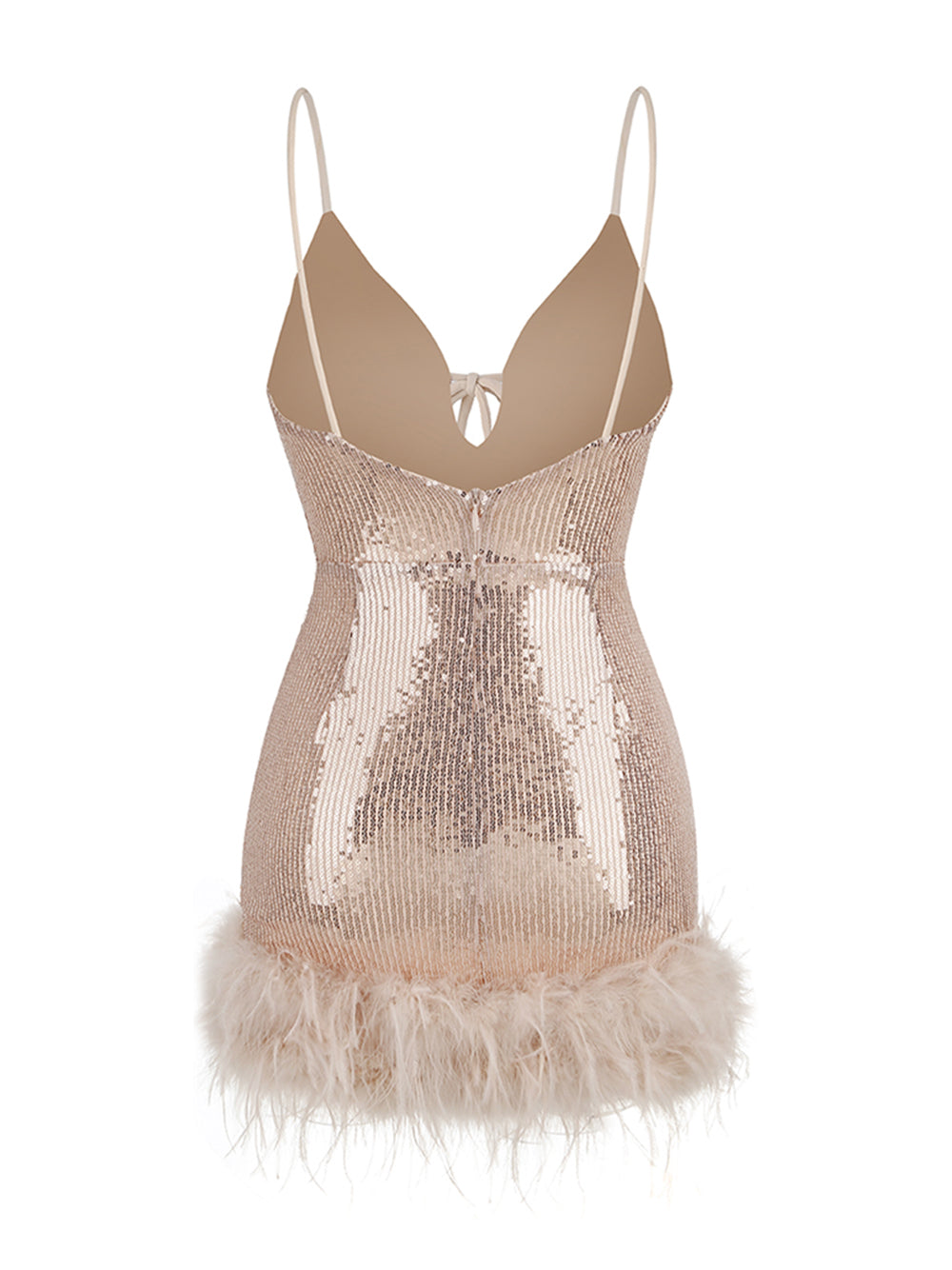 Apricot Spaghetti Strap Sequin Tie Front Feather Trim Bodycon Mini Dress 2