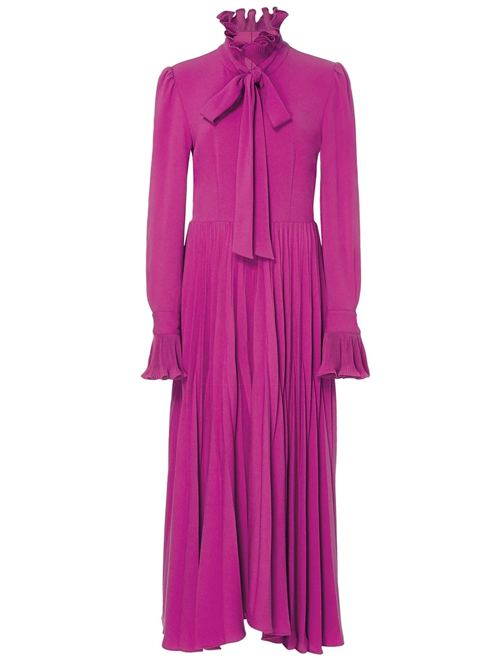 Fuchsia Tie Neck Bow Ruffle Sleeve Pleated A-Line Maxi Dress 16