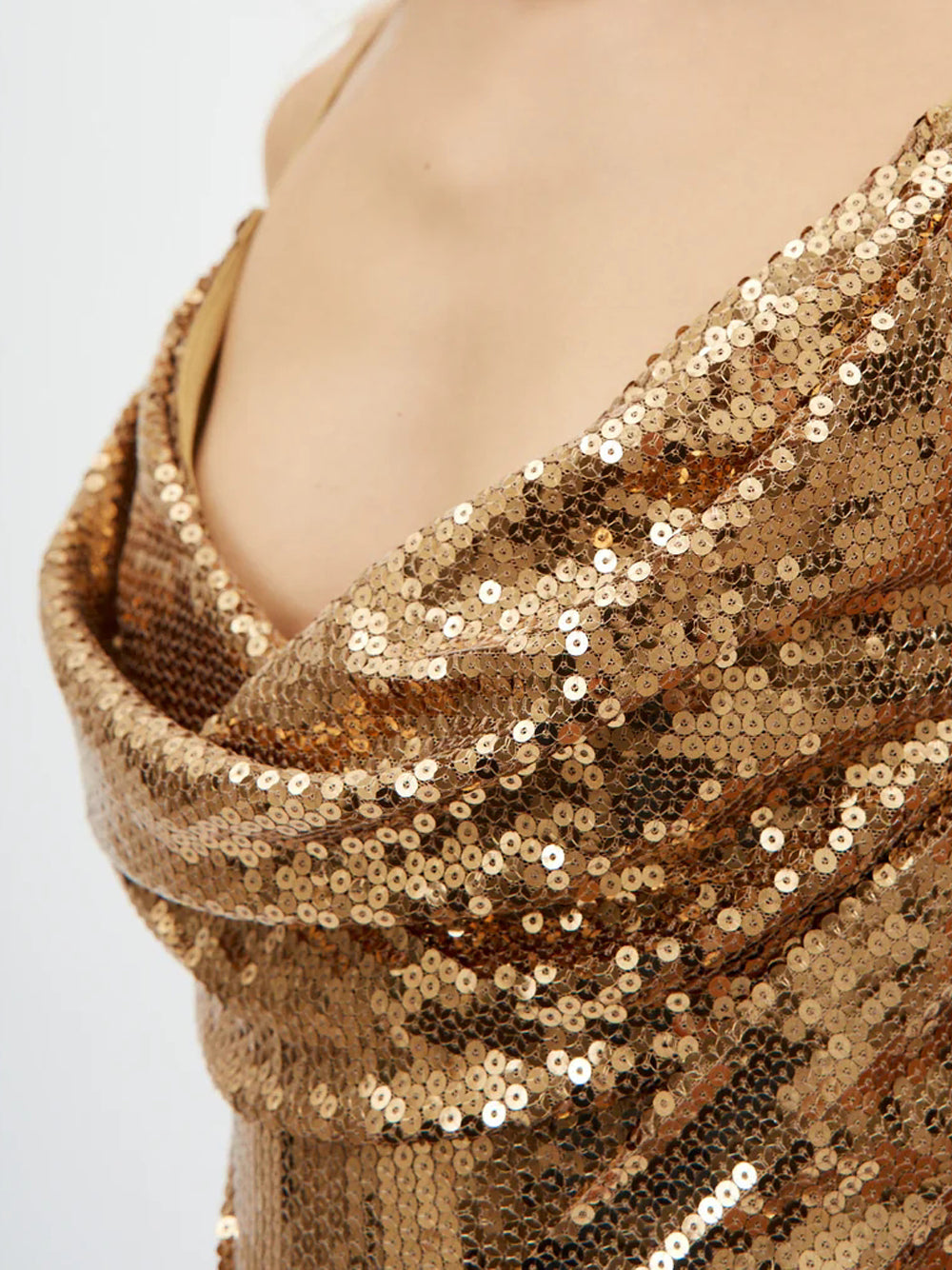 Gold Cowl Neck Spaghetti Strap Draped Sequin Bodycon Mini Dress